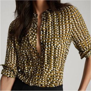 Reiss Top Womens 2 Khaki Nicole Spot PleatButton Front Blouse Semi Sheer Classic